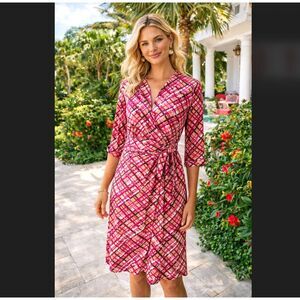 Lilly Pulitzer Silk Wrap Dress M Pink Plaid V-Neck 3/4 Sleeve Resort Preppy EUC
